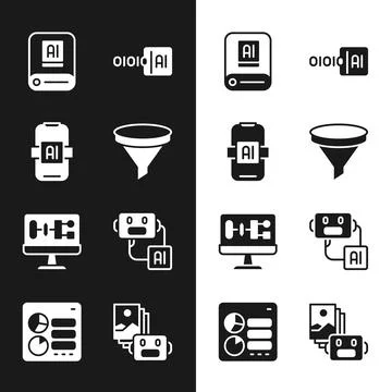 Set Funnel or filter, Artificial intelligence AI, Binary code, Algorithm, robot Stock Illustration