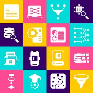 Set Funnel or filter, Binary code, Neural network, Server, Web developer Illustrazione stock