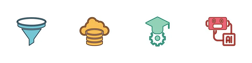 Set Funnel or filter, Cloud database, Graduation cap and Artificial intelligence 스톡 일러스트