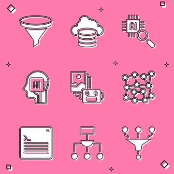 Set Funnel or filter, Cloud database, Processor CPU, Humanoid robot, Artificial 库存插图