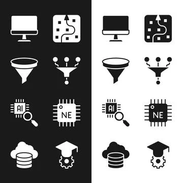 Set Funnel or filter, Computer monitor, Neural network, Processor CPU 스톡 일러스트