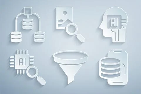 Set Funnel or filter, Humanoid robot, Processor CPU, Cloud technology data Stock Illustration