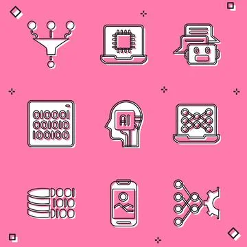 Set Funnel or filter, Processor CPU, Chat bot, Binary code, Humanoid robot イラスト素材