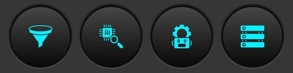 Set Funnel or filter, Processor CPU, Robot setting and Server, Data icon. Vec Stock Illustration