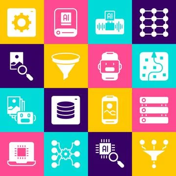 Set Funnel or filter, Server, Data, Neural network, Artificial intelligence.. Stock Illustration