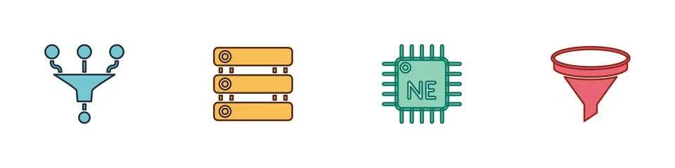 Set Funnel or filter, Server, Data, Processor CPU and  icon. Vector 스톡 일러스트