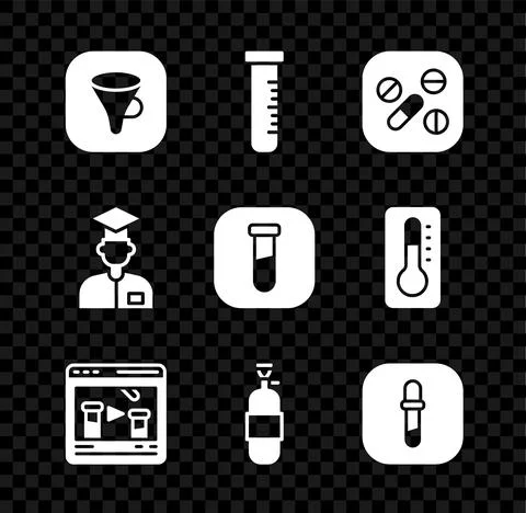 Set Funnel or filter, Test tube and flask, Medicine pill tablet, Chemical online Stock Illustration