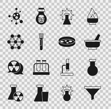 Set Funnel or filter, Test tube and flask, Mortar pestle, Chemical explosion Stock Illustration
