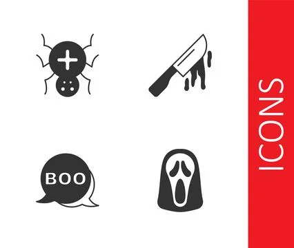 Set Funny and scary ghost mask, Spider, Boo speech bubble and Bloody knife .. Stock Illustration