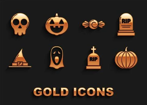 Set Funny and scary ghost mask for Halloween Tombstone with RIP Pumpkin Witch Stock Illustration