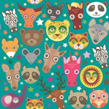 Set of funny animals muzzle seamless pattern. Teal background with stars. Vector 库存插图