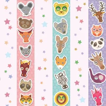 Set of funny animals muzzle seamless pattern with stars, pink lilac blue stri Stock Illustration