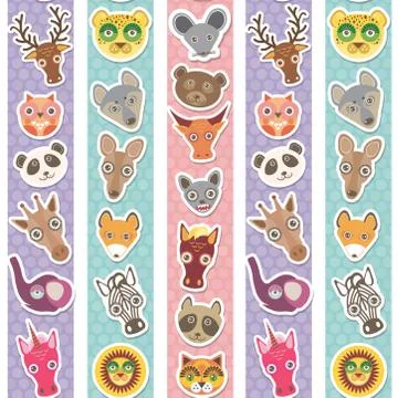 Set of funny animals muzzle seamless pattern with pink lilac blue stripes. Ve Stock Illustration