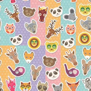 Set of funny animals muzzle seamless pattern. background with Polka dot. Vect Illustrazione stock