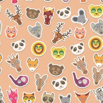 Set of funny animals muzzle seamless pattern. pink peach background. Vector Stock Illustration