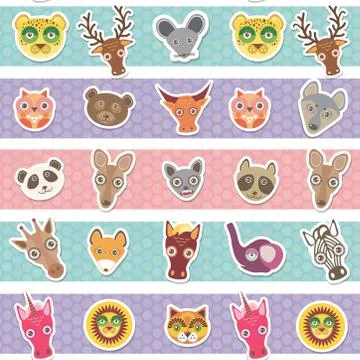 Set of funny animals muzzle seamless pattern with pink lilac blue stripes Stock Illustration