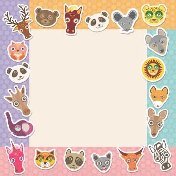 Set of funny animals muzzle square frame template card. background with Polka Stock Illustration