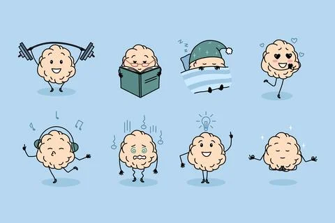 Set of funny brain do daily activities Stock Illustration