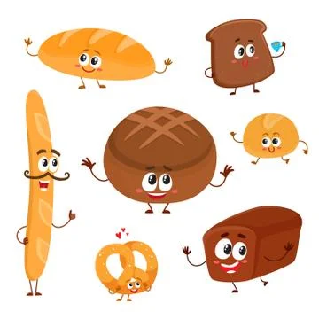 Set of funny bread, bakery characters with human faces Stock Illustration