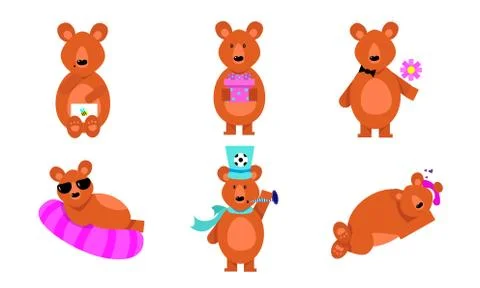 Set of funny brown bears in different action situations. Vector illustration in Stock Illustration