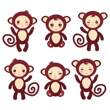 Set of funny brown monkey boys and girls on white background. Vector Stock Illustration