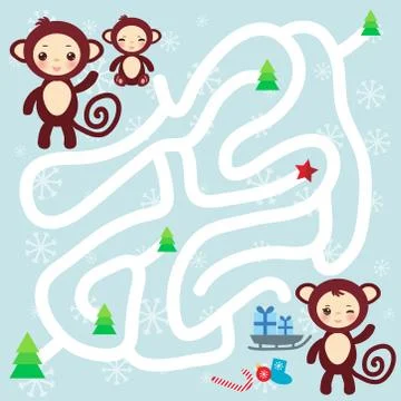 Set of funny brown monkey on light blue background.  labyrinth game for Stock Illustration