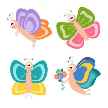 A set of funny butterflies with funny faces. Cartoon character. Isolated Stock Illustration