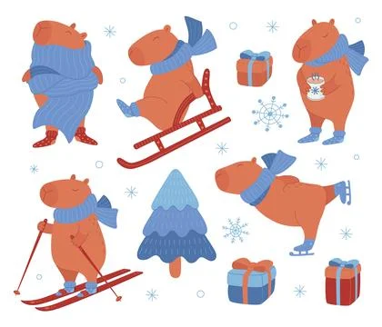 Set of funny capybaras in winter activity. Stock Illustration