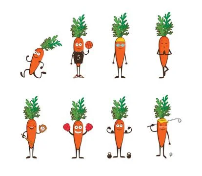 Set of funny carrots doing sport . cartoon vector illustration isolated on wh Stock Illustration