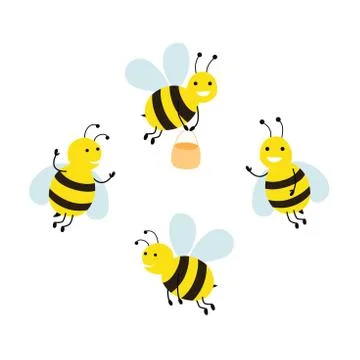 Set funny cartoon bees. Vector illustration isolated on white background. Stock Illustration
