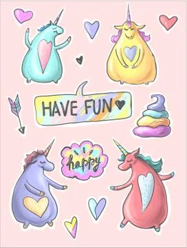 Set of funny cartoon dancing magic unicorns. Patch, badge sticker. Collection of Stock Illustration