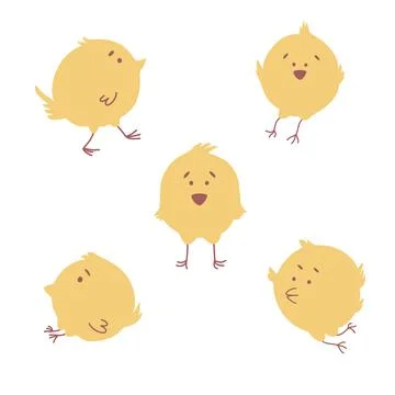 Set of funny cartoon five yellow chicken in various poses. Cute and funny col Stock Illustration