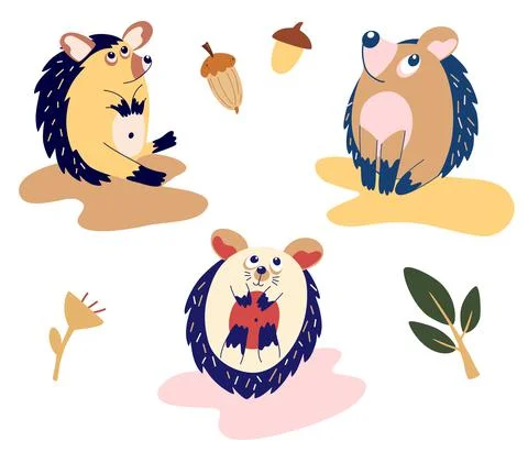 Set of funny cartoon hedgehogs. Cute hedgehogs in different poses. woodland a Stock Illustration