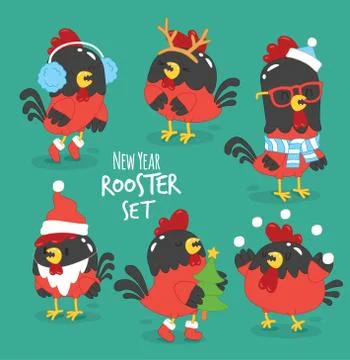 Set of funny cartoon rooster Stock Illustration