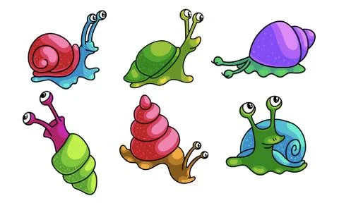 Set of funny cartoon snails with different shell colors. Vector illustration in イラスト素材