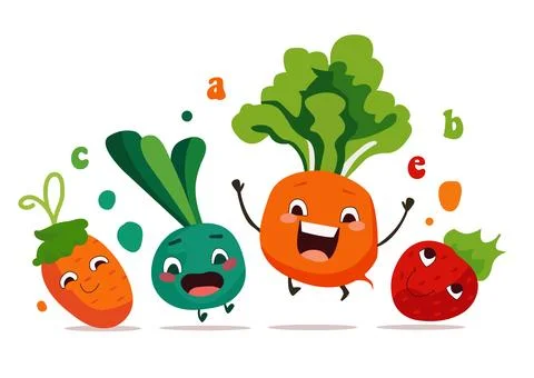 Set of funny cartoon vegetable cute characters with smiling faces isolated on Illustrazione stock