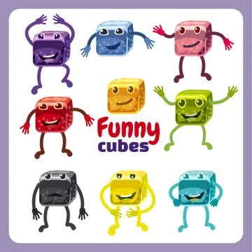Set of funny characters funny dice in different poses and emotions, for games Stock Illustration
