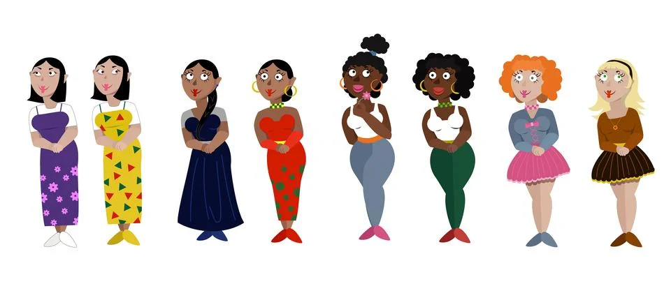 The set of funny characters. Smiling multinational women Stock Illustration