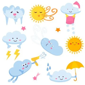 Set of funny clouds and suns. Weather images Stock Illustration