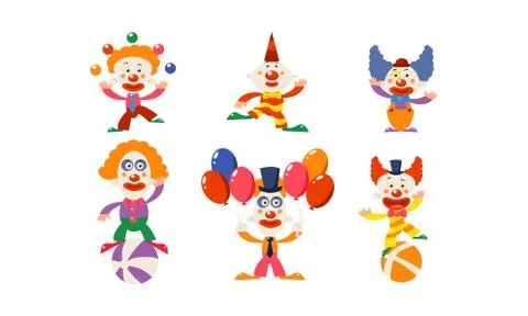 Set of funny clowns in different actions. Cartoon characters of circus artists 스톡 일러스트