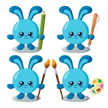 Set of funny cute kawaii hare or rabbit with pencil, pen, brush and palette  Stock Illustration