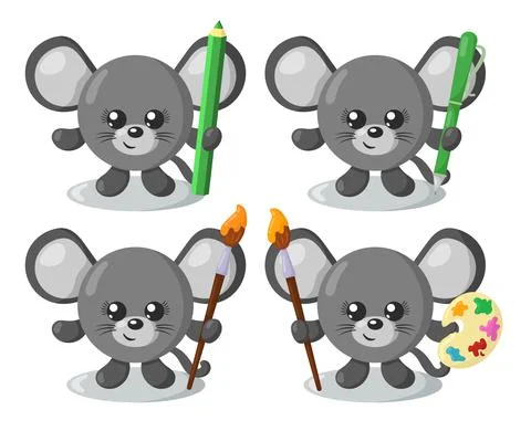 Set of funny cute kawaii mouse with round body, pencil, pen, brush and palette Stock Illustration