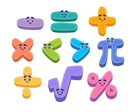 Set of funny cute math characters cartoon and mathematics symbols with divi.. Stock Illustration