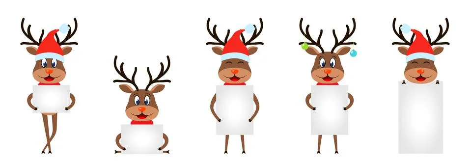 Set Funny Deers with Sheets of Papers, Christmas Reindeers with Blanks Stock Illustration