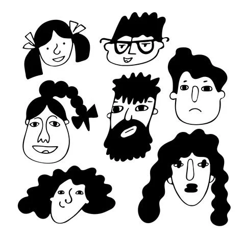 Set of funny doodle faces in freehand black and white style. Stock Illustration