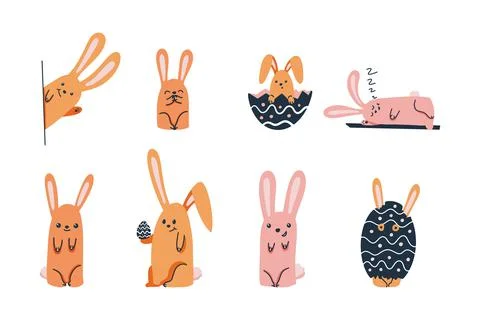 A set of funny Easter bunnies in different poses 스톡 일러스트