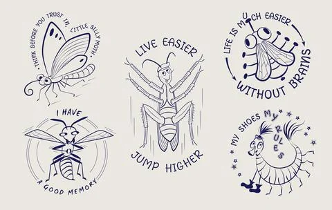 Set of funny emblems with comic cartoon insects Stock Illustration