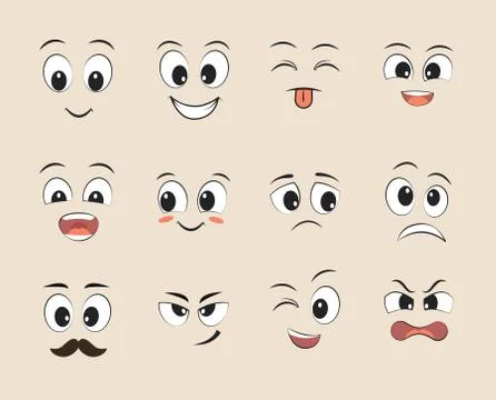 Set of funny faces. Cartoon faces with different expressions, featuring the eyes Stock Illustration