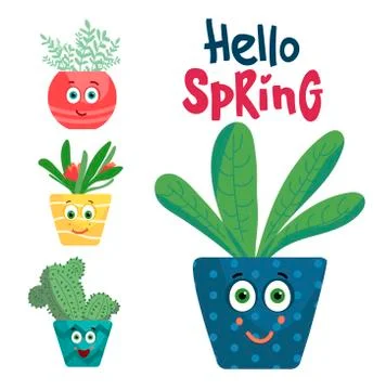 Set funny flower in pot characters with face, hands vector isolated on white  Stock Illustration