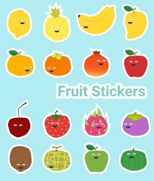 Set of funny fruit stickers Stock Illustration